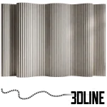 High-resolution 3D model of a modular wood slat partition screen featuring a dramatic, undulating wave pattern and dark wood grain.
