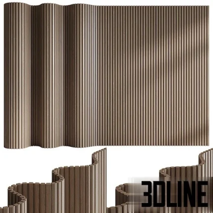 High-resolution 3D model of a modular wood slat partition screen featuring a dramatic, undulating wave pattern and dark wood grain.