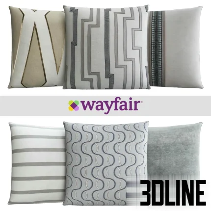 High-resolution 3D model set of five Wayfair decorative throw pillows with geometric and striped patterns in white, beige, and gray tones.