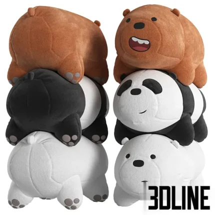 3D model set of the popular "We Bare Bears" plush toys featuring Grizzly (brown), Ice Bear (white), and Panda, rendered with a soft velvet fabric texture.
