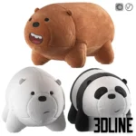 3D model set of the popular "We Bare Bears" plush toys featuring Grizzly (brown), Ice Bear (white), and Panda, rendered with a soft velvet fabric texture.