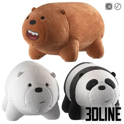 3D model set of the popular "We Bare Bears" plush toys featuring Grizzly (brown), Ice Bear (white), and Panda, rendered with a soft velvet fabric texture.