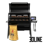 3D model of the black Weber SmokeFire outdoor pellet grill, featuring a large cooking area with food, a side digital controller showing 600°F, a side shelf, and a realistic paper bag of charcoal/pellets.