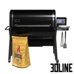 3D model of the black Weber SmokeFire outdoor pellet grill, featuring a large cooking area with food, a side digital controller showing 600°F, a side shelf, and a realistic paper bag of charcoal/pellets.