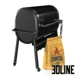 3D model of the black Weber SmokeFire outdoor pellet grill, featuring a large cooking area with food, a side digital controller showing 600°F, a side shelf, and a realistic paper bag of charcoal/pellets.