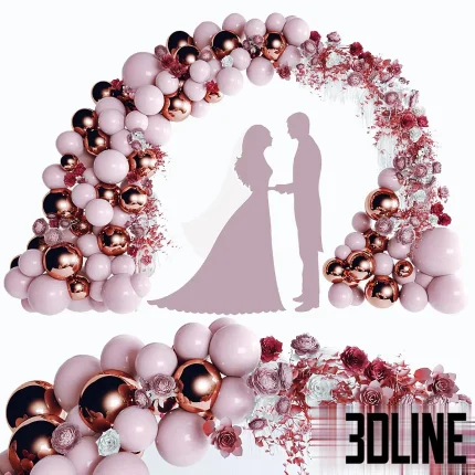 3D model of a festive wedding arch decoration featuring a garland of pink and metallic balloons intermixed with red and pink roses and white foliage.