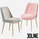 3D model of the West Elm Finley upholstered dining chair, featuring a light grey textured fabric seat with a curved, embracing backrest and slender tapered antique brass legs.