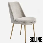 3D model of the West Elm Finley upholstered dining chair, featuring a light grey textured fabric seat with a curved, embracing backrest and slender tapered antique brass legs.