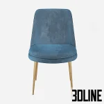 3D model of the West Elm Finley upholstered dining chair, featuring a light grey textured fabric seat with a curved, embracing backrest and slender tapered antique brass legs.