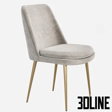 3D model of the West Elm Finley upholstered dining chair, featuring a light grey textured fabric seat with a curved, embracing backrest and slender tapered antique brass legs.