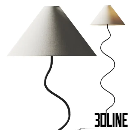 3D model of the West Elm Zigzag floor lamp, featuring a playful black wavy metal stem and a simple white linen conical shade, emitting a warm glow.