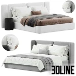High-resolution 3D model of the Bed Level 05 by Wheelhousedesign, featuring a segmented wing-back headboard, upholstery, bedding, and a round nightstand in two colors
