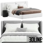 High-resolution 3D model of the Bed Level 05 by Wheelhousedesign, featuring a segmented wing-back headboard, upholstery, bedding, and a round nightstand in two colors