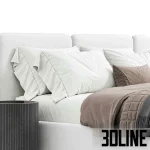 High-resolution 3D model of the Bed Level 05 by Wheelhousedesign, featuring a segmented wing-back headboard, upholstery, bedding, and a round nightstand in two colors
