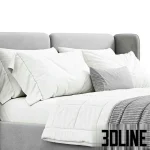 High-resolution 3D model of the Bed Level 05 by Wheelhousedesign, featuring a segmented wing-back headboard, upholstery, bedding, and a round nightstand in two colors