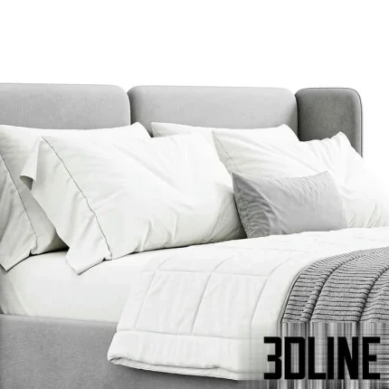 High-resolution 3D model of the Bed Level 05 by Wheelhousedesign, featuring a segmented wing-back headboard, upholstery, bedding, and a round nightstand in two colors