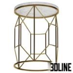 3D model of a modern round side table featuring a white marble top and an intricate geometric gold metal wire base.