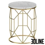 3D model of a modern round side table featuring a white marble top and an intricate geometric gold metal wire base.