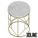 3D model of a modern round side table featuring a white marble top and an intricate geometric gold metal wire base.