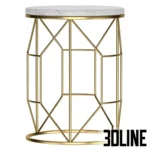 3D model of a modern round side table featuring a white marble top and an intricate geometric gold metal wire base.
