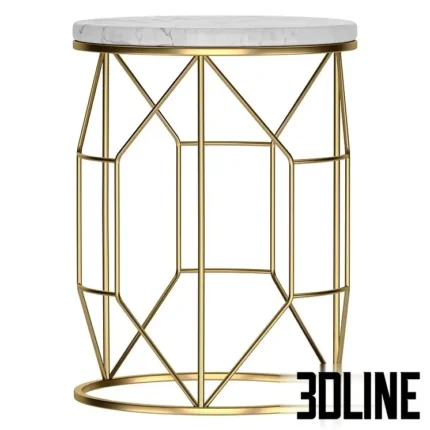 3D model of a modern round side table featuring a white marble top and an intricate geometric gold metal wire base.