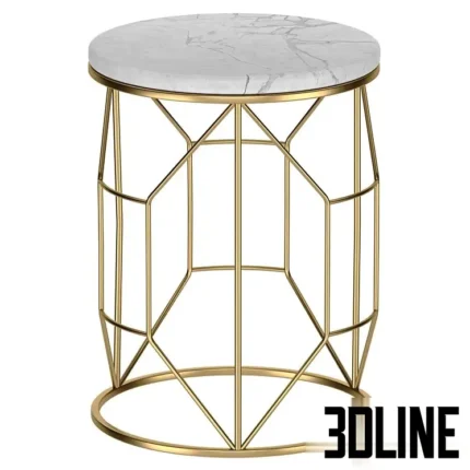 3D model of a modern round side table featuring a white marble top and an intricate geometric gold metal wire base.
