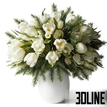 3D model of a lush bouquet featuring fresh white tulips mixed with evergreen pine branches, arranged in a simple white ceramic vase.
