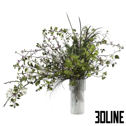 3D model of a large, wild floral arrangement featuring long grass blades, green leafy branches, and small purple wildflowers in a tall silver ribbed vase.