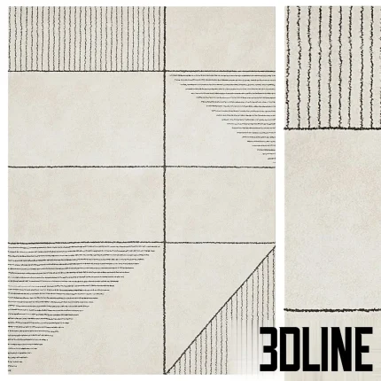 3D model of the Winthorpe modern rug featuring a minimalist geometric design with thin charcoal lines forming squares, triangles, and hatched patterns on a cream-colored textured pile.