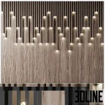 3D model of a decorative wood slat wall panel featuring vertical timber strips of varying lengths with integrated small downlight LEDs at the tips, creating a rhythmic light pattern.