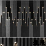 3D model of a decorative wood slat wall panel featuring vertical timber strips of varying lengths with integrated small downlight LEDs at the tips, creating a rhythmic light pattern.