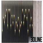 3D model of a decorative wood slat wall panel featuring vertical timber strips of varying lengths with integrated small downlight LEDs at the tips, creating a rhythmic light pattern.