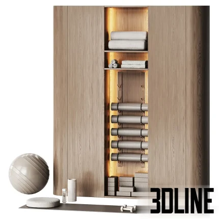 Detailed 3D model of a wood cabinet for a yoga studio, featuring open shelving with integrated storage racks for yoga mats, foam rollers, and towels, with accent lighting.
