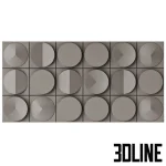High-resolution 3D model of Wooddi 3D Blocks wall panels featuring repeating square tiles with circular, segmented geometric raised patterns in a matte gray finish.