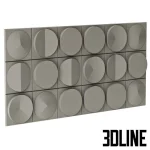 High-resolution 3D model of Wooddi 3D Blocks wall panels featuring repeating square tiles with circular, segmented geometric raised patterns in a matte gray finish.