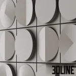 High-resolution 3D model of Wooddi 3D Blocks wall panels featuring repeating square tiles with circular, segmented geometric raised patterns in a matte gray finish.