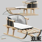 High-resolution 3D model of a wooden children's sled with metal runners and cozy padded seat for winter scene visualization