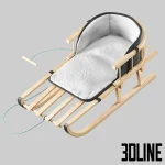 High-resolution 3D model of a wooden children's sled with metal runners and cozy padded seat for winter scene visualization