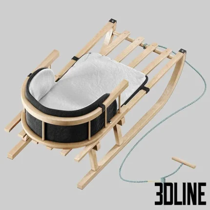 High-resolution 3D model of a wooden children's sled with metal runners and cozy padded seat for winter scene visualization