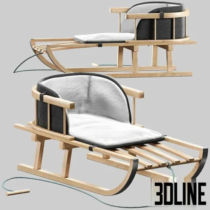 High-resolution 3D model of a wooden children's sled with metal runners and cozy padded seat for winter scene visualization