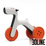 3D model of the YAMADesign balance bike for kids, featuring a minimalist white body shaped like an abstract dog and bright orange solid wheels.