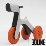 3D model of the YAMADesign balance bike for kids, featuring a minimalist white body shaped like an abstract dog and bright orange solid wheels.