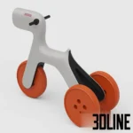 3D model of the YAMADesign balance bike for kids, featuring a minimalist white body shaped like an abstract dog and bright orange solid wheels.