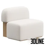 3D model of the Yemeni Lounge Chair, a chunky, armless seat upholstered in white textured fabric (bouclé), supported by a sturdy, visible wooden base block structur