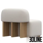 3D model of the Yemeni Lounge Chair, a chunky, armless seat upholstered in white textured fabric (bouclé), supported by a sturdy, visible wooden base block structure.