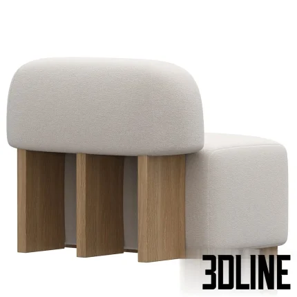 3D model of the Yemeni Lounge Chair, a chunky, armless seat upholstered in white textured fabric (bouclé), supported by a sturdy, visible wooden base block structure.