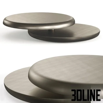 3D model of the Yo-Yo style coffee table featuring two overlapping round tiers in a brushed bronze finish, with a swivel mechanism design.