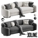 3D model of the Zae Sofa featuring a modern organic kidney-bean shape, upholstered in textured white and grey bouclé fabric, styled with round cushions and a draped throw blanket.