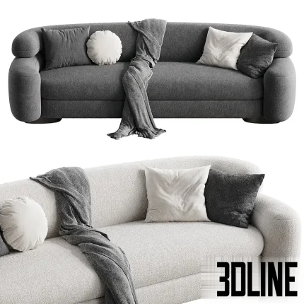 3D model of the Zae Sofa featuring a modern organic kidney-bean shape, upholstered in textured white and grey bouclé fabric, styled with round cushions and a draped throw blanket.