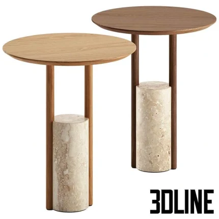High-resolution 3D model set of two ZANCO coffee tables, each with a round wood top, a cylindrical marble base, and a vertical wood support leg.
